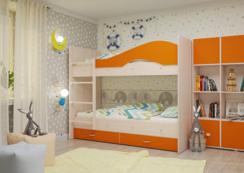 Кровать Мая двухъярусная с ящикамиМлечный дуб/Оранжевый в Евсино - evsino.mebel54.com | фото