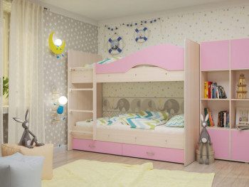Кровать Мая двухъярусная с ящикамиМлечный дуб/Розовый в Евсино - evsino.mebel54.com | фото