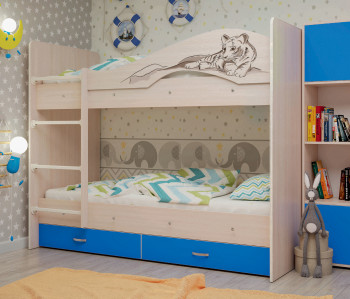 Кровать Мая-Сафари двухъярусная с ящикамиМлечный дуб/Голубой в Евсино - evsino.mebel54.com | фото