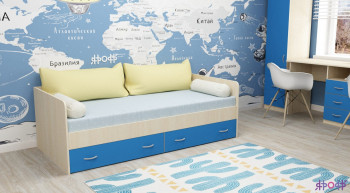 Кровать с выкатными ящиками Дуб молочный/Голубой в Евсино - evsino.mebel54.com | фото