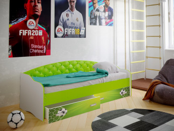 Кровать Софа-8 с мягкой спинкой фотопечать Футбол (900х1900) Белый/Лайм в Евсино - evsino.mebel54.com | фото