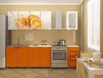 Кухонный гарнитур 1,6м Апельсин (Белый/Оранжевый металлик/Фотопечать апельсин) в Евсино - evsino.mebel54.com | фото